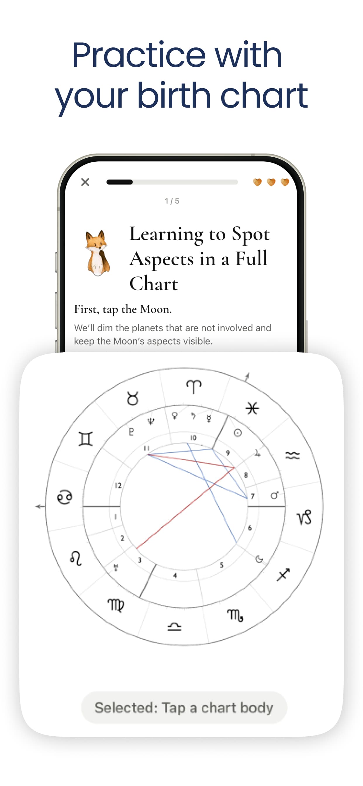 AstroLingo chart practice screen with a natal chart wheel.