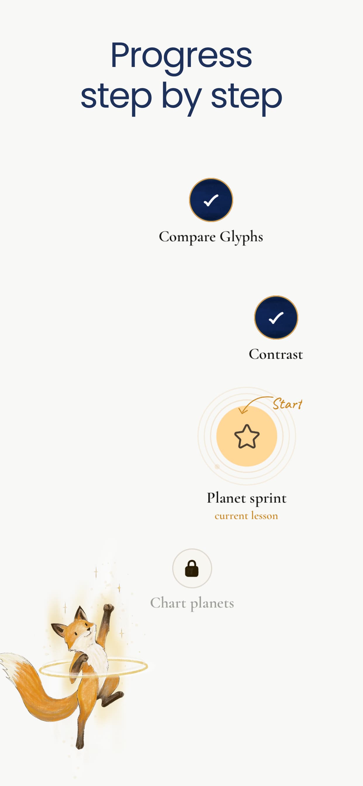 AstroLingo course path screen showing structured astrology lessons.