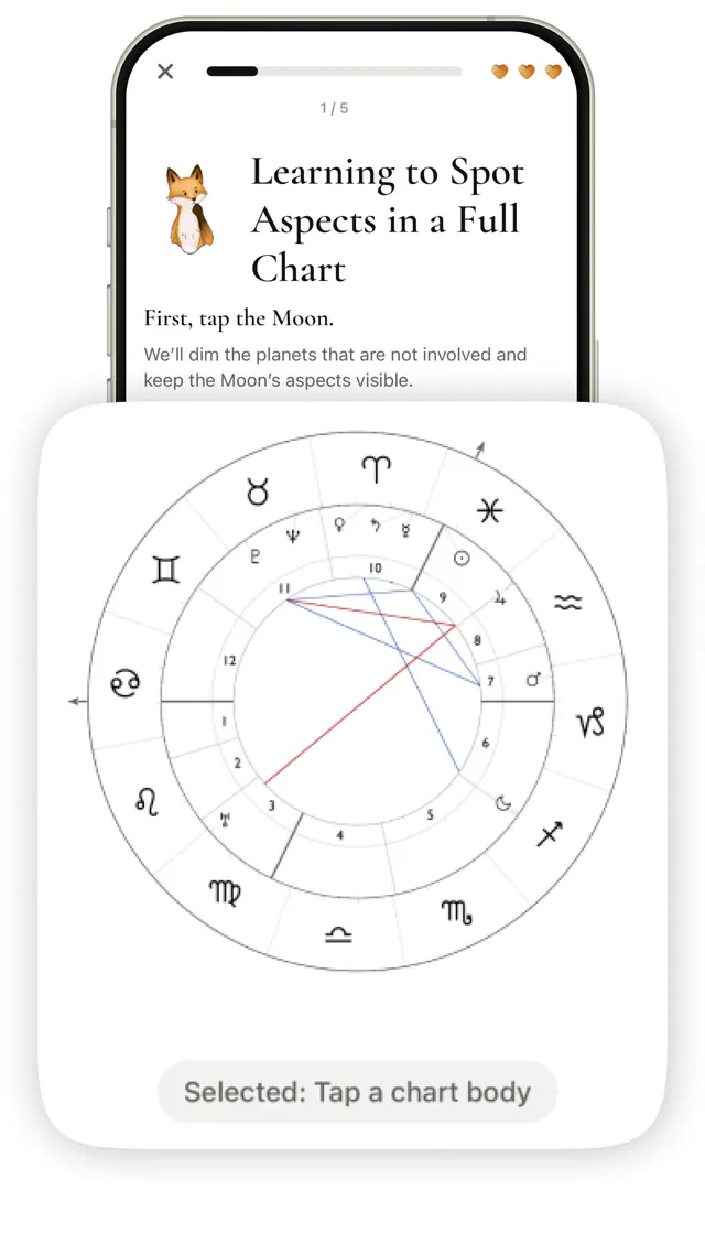AstroLingo interactive lesson on spotting aspects in a birth chart.