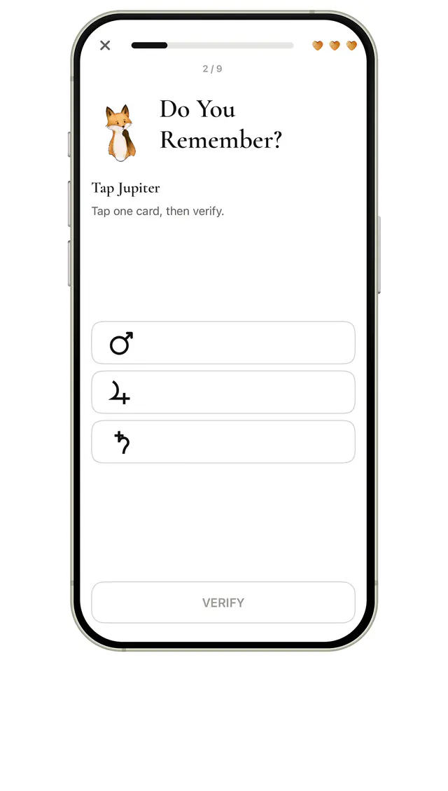 AstroLingo exercise asking you to recognize the symbol for Jupiter.