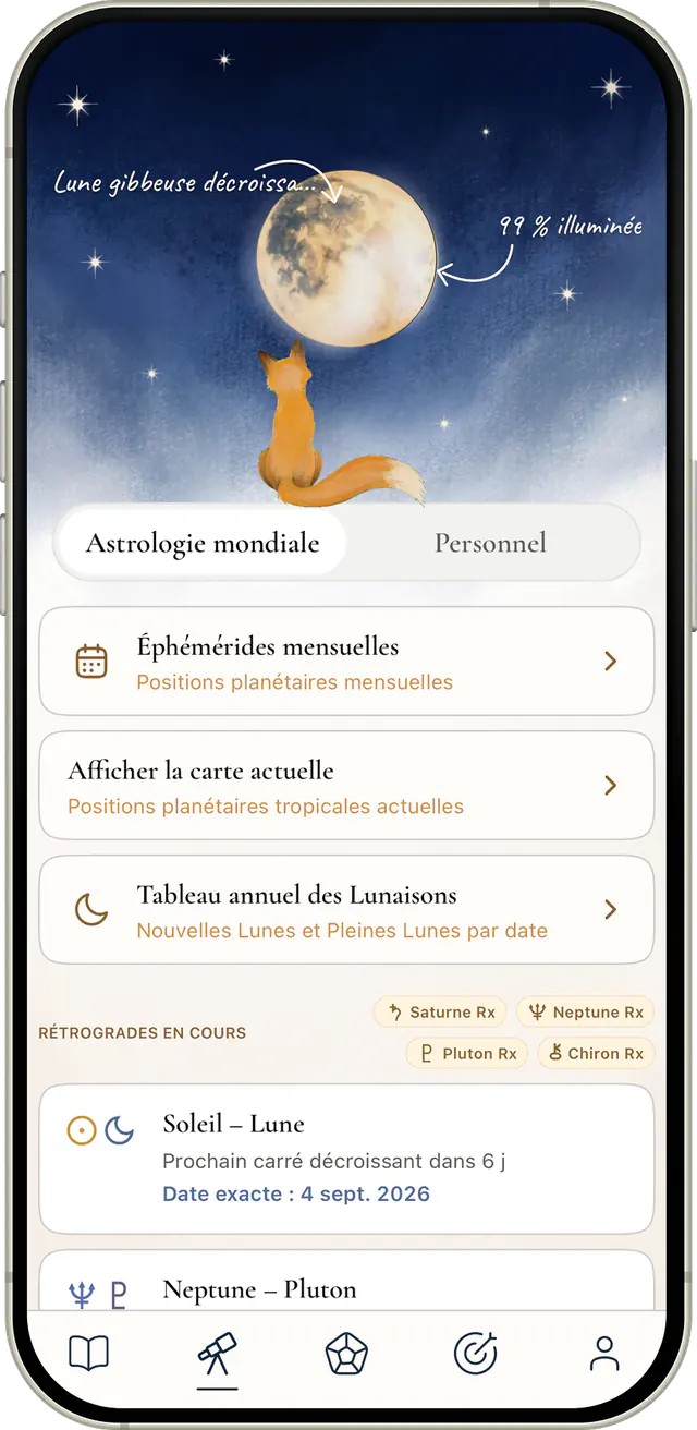 AstroLingo’s Moon screen with the lunar phase, ephemeris, and current planetary movements.