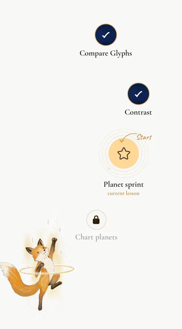 AstroLingo’s lesson path showing completed lessons, your current lesson, and the fox guide.